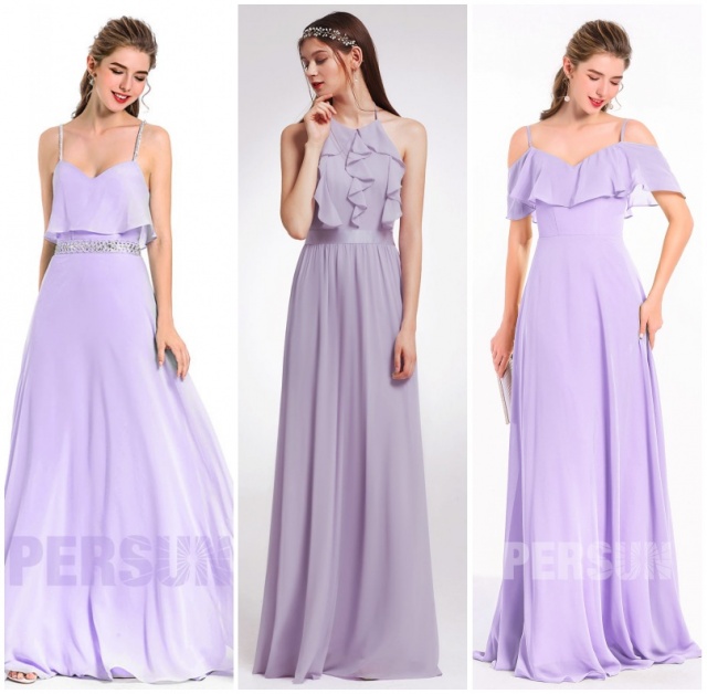 robe demoiselle d'honneur longue lilas avec volants